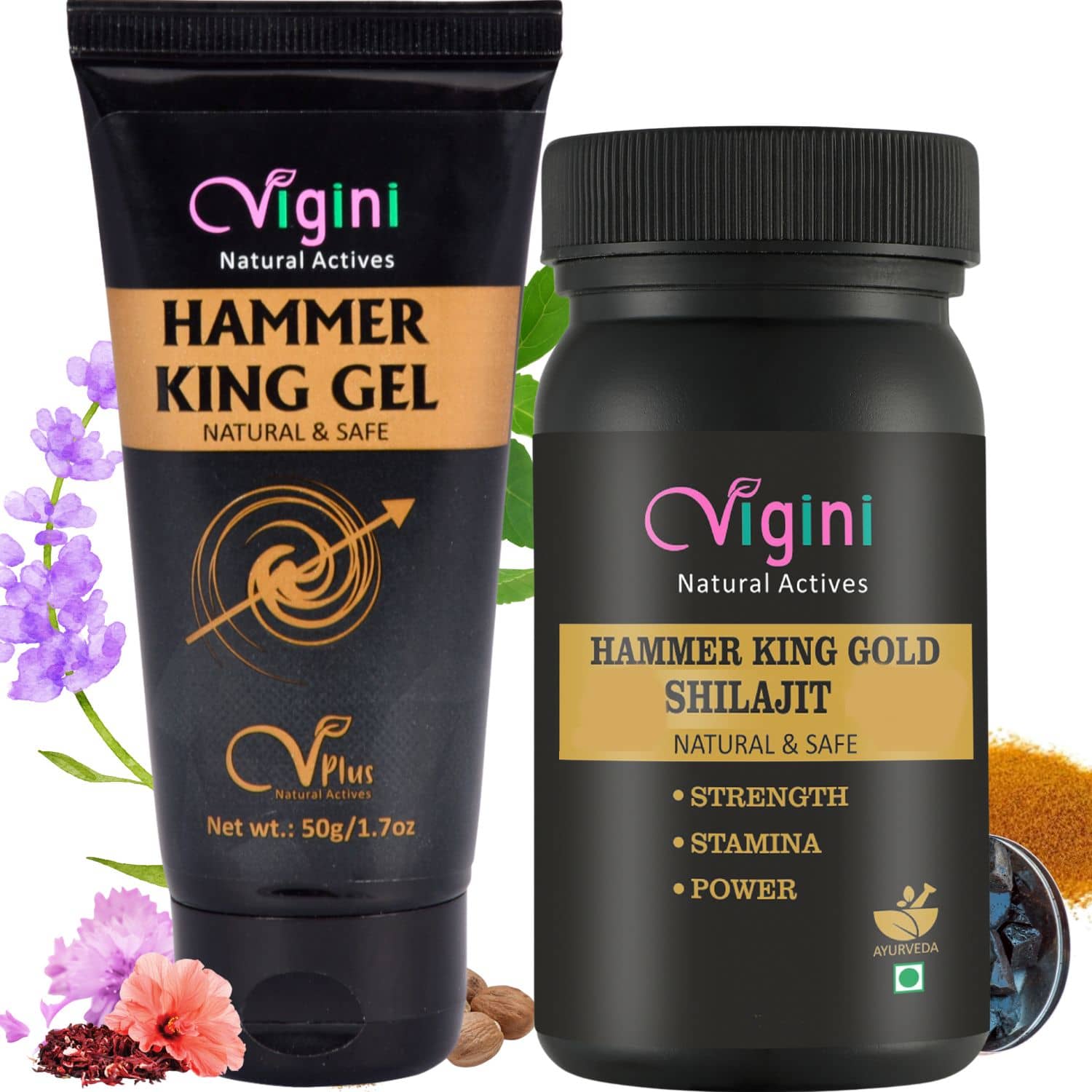 Vigini Hammer King Massage Gel for Men 50g | Shilajit Gold Ayurvedic Capsule 30Caps